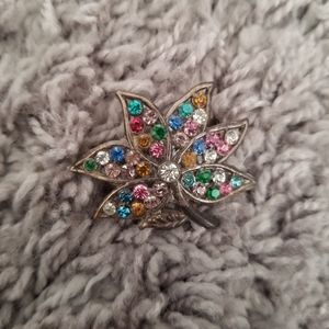 Multicolor Rhinestone Silver Leaf Brooch